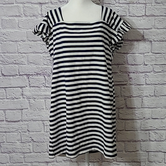 Free Assembly Square Neck  Navy Blue Striped, Ruffle Sleeve Dress Large NWT - Picture 1 of 7